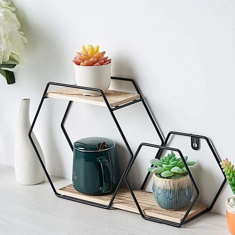 2 Tier Hexagon Metal With Wood Geometric Floating Shelf - Black And Natural 7 2 Tier Hexagon Metal With Wood Geometric Floating Shelf - Black And Natural - Image 5