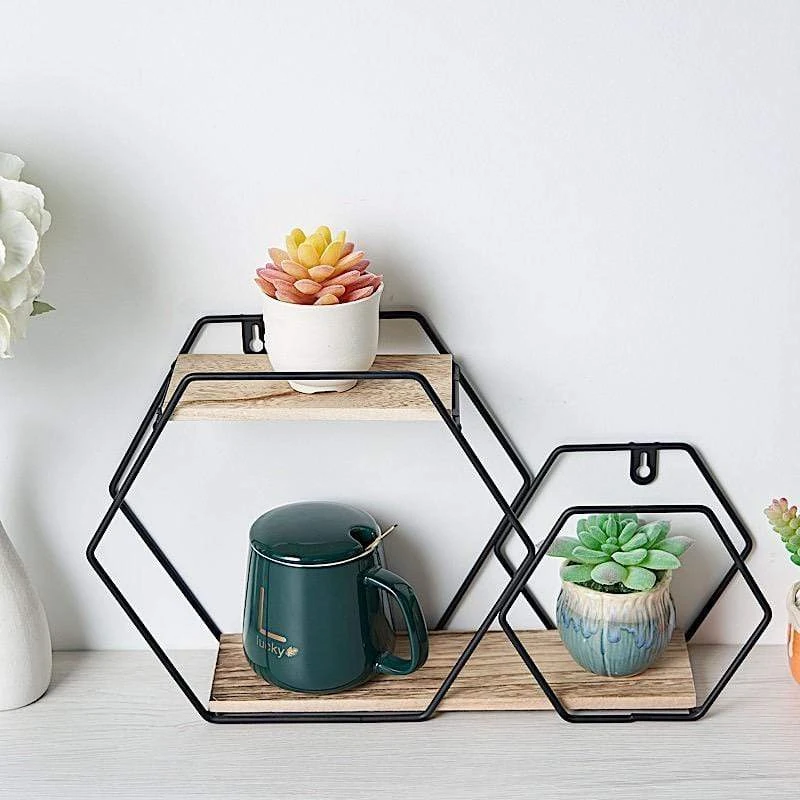 2 Tier Hexagon Metal With Wood Geometric Floating Shelf - Black And Natural 6 2 Tier Hexagon Metal With Wood Geometric Floating Shelf - Black And Natural - Image 4