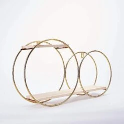 2 Tier Round Metal With Wood Geometric Floating Shelf - Gold And Natural