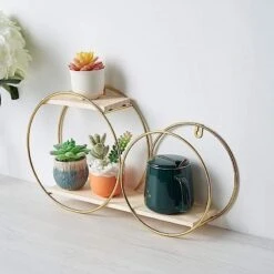 2 Tier Round Metal With Wood Geometric Floating Shelf - Gold And Natural -Optimal Home Decoration 2 tier round metal with wood geometric floating shelf gold and natural wod hopshlf rnd1 gold 28024081907775