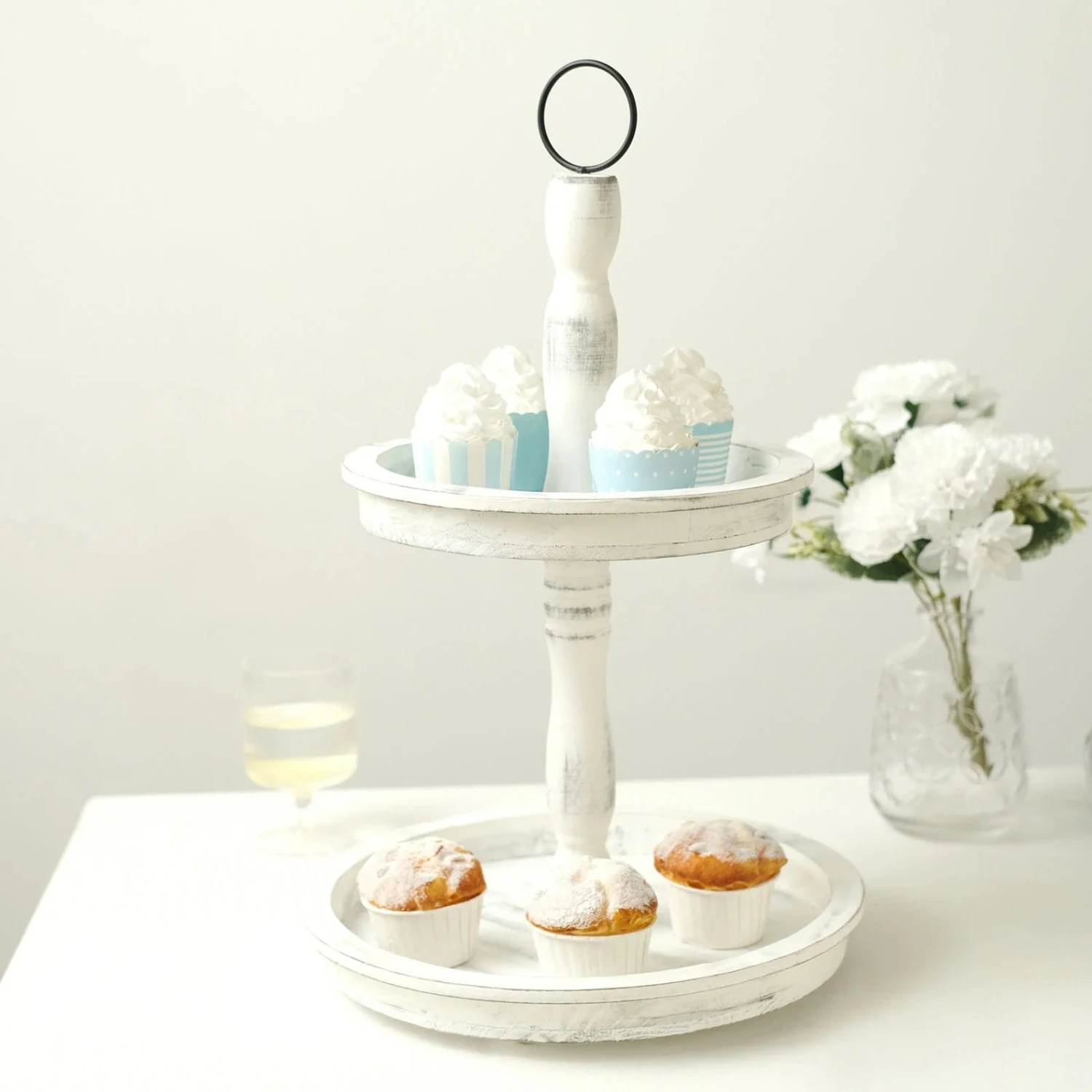 20" Round 2 Tier Wooden Cupcake Stand Dessert Serving Tray - Whitewashed 10 20" Round 2 Tier Wooden Cupcake Stand Dessert Serving Tray - Whitewashed - Image 8