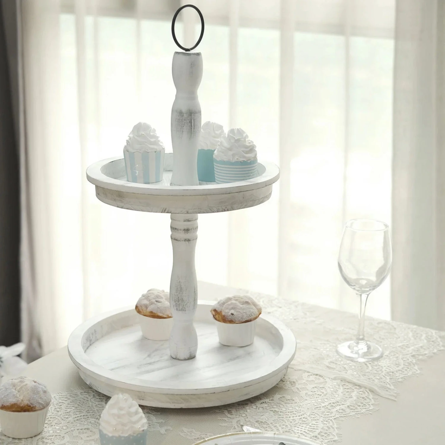 20" Round 2 Tier Wooden Cupcake Stand Dessert Serving Tray - Whitewashed 9 20" Round 2 Tier Wooden Cupcake Stand Dessert Serving Tray - Whitewashed - Image 7