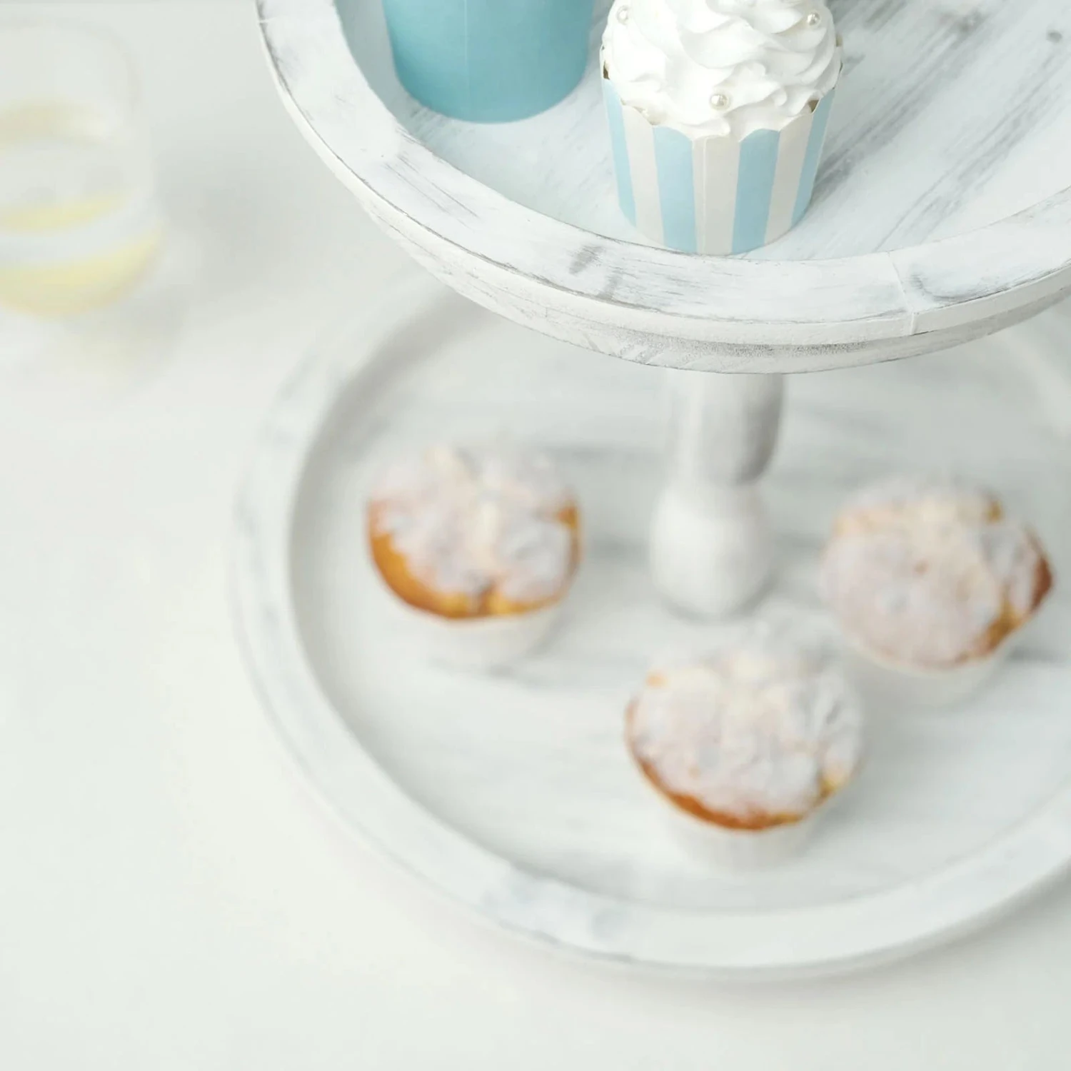 20" Round 2 Tier Wooden Cupcake Stand Dessert Serving Tray - Whitewashed 5 20" Round 2 Tier Wooden Cupcake Stand Dessert Serving Tray - Whitewashed - Image 3