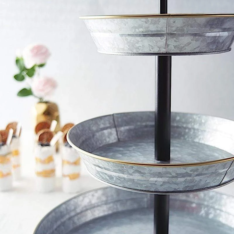 20" Tall 3 Tiers Galvanized Metal Serving Trays Cupcake Holders Stand - Silver And Black 5 20" Tall 3 Tiers Galvanized Metal Serving Trays Cupcake Holders Stand - Silver And Black - Image 3