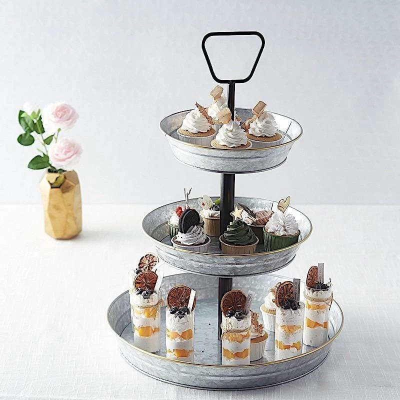 20" Tall 3 Tiers Galvanized Metal Serving Trays Cupcake Holders Stand - Silver And Black 9 20" Tall 3 Tiers Galvanized Metal Serving Trays Cupcake Holders Stand - Silver And Black - Image 7