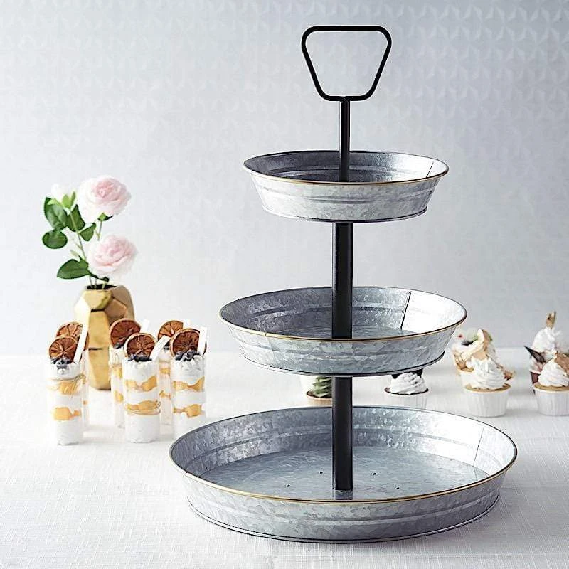 20" Tall 3 Tiers Galvanized Metal Serving Trays Cupcake Holders Stand - Silver And Black 8 20" Tall 3 Tiers Galvanized Metal Serving Trays Cupcake Holders Stand - Silver And Black - Image 6