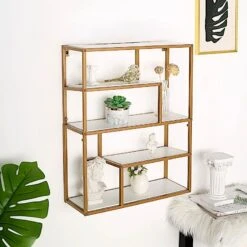 22" Rectangular 4 Tier Metal With Wood Geometric Hanging Shelf - White And Gold 17 22" Rectangular 4 Tier Metal With Wood Geometric Hanging Shelf - White And Gold -Optimal Home Decoration 22 rectangular 4 tier metal with wood geometric hanging shelf white and gold wod hopshlf rec01 gold 29952943194175