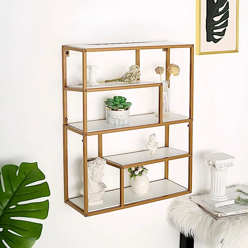 22" Rectangular 4 Tier Metal With Wood Geometric Hanging Shelf - White And Gold 9 22" Rectangular 4 Tier Metal With Wood Geometric Hanging Shelf - White And Gold - Image 7