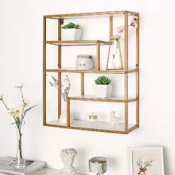 22" Rectangular 4 Tier Metal With Wood Geometric Hanging Shelf - White And Gold 16 22" Rectangular 4 Tier Metal With Wood Geometric Hanging Shelf - White And Gold -Optimal Home Decoration 22 rectangular 4 tier metal with wood geometric hanging shelf white and gold wod hopshlf rec01 gold 29952943259711