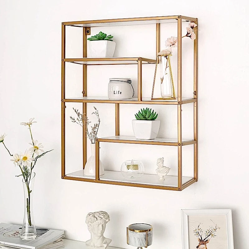 22" Rectangular 4 Tier Metal With Wood Geometric Hanging Shelf - White And Gold 8 22" Rectangular 4 Tier Metal With Wood Geometric Hanging Shelf - White And Gold - Image 6