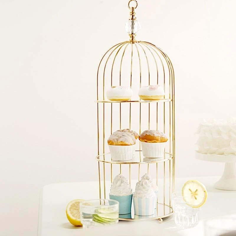 22" Tall 3 Tier Metal With Mirror Glass Hanging Bird Cage Dessert Stand - Gold 11 22" Tall 3 Tier Metal With Mirror Glass Hanging Bird Cage Dessert Stand - Gold - Image 9
