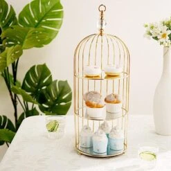 22" Tall 3 Tier Metal With Mirror Glass Hanging Bird Cage Dessert Stand - Gold 18 22" Tall 3 Tier Metal With Mirror Glass Hanging Bird Cage Dessert Stand - Gold -Optimal Home Decoration 22 tall 3 tier metal with mirror glass hanging bird cage dessert stand gold chdlr cake13 l gold 27929668124735