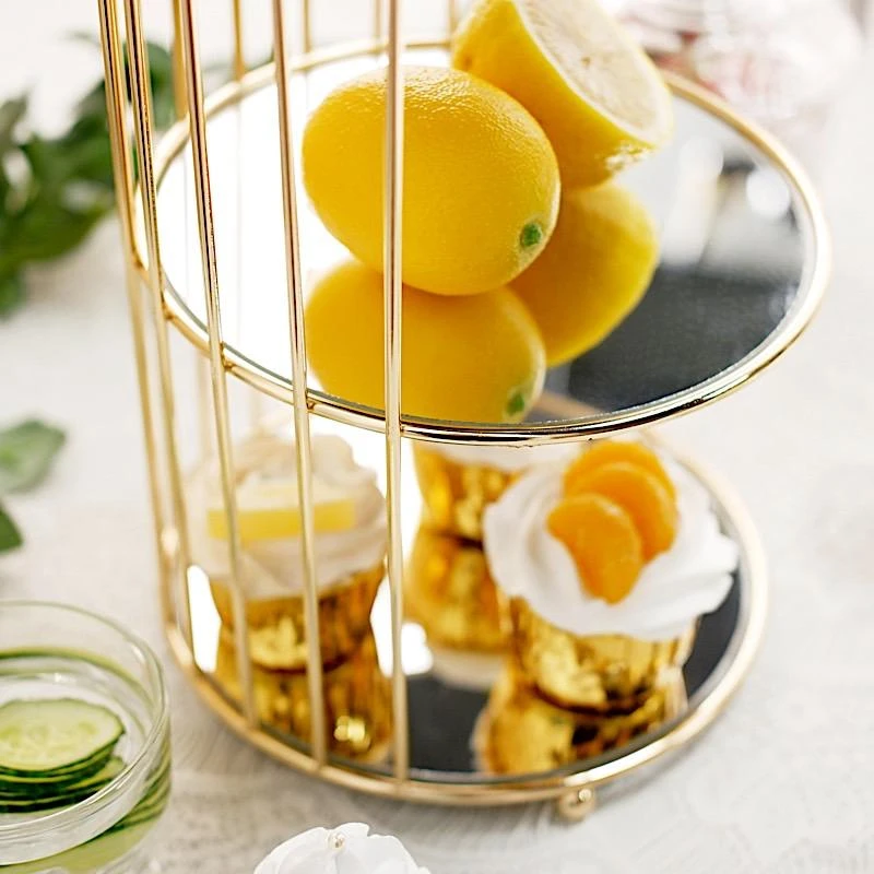 22" Tall 3 Tier Metal With Mirror Glass Hanging Bird Cage Dessert Stand - Gold 8 22" Tall 3 Tier Metal With Mirror Glass Hanging Bird Cage Dessert Stand - Gold - Image 6