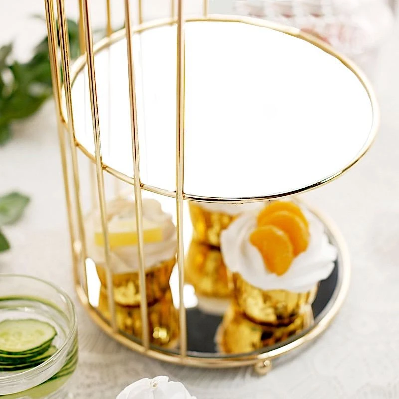 22" Tall 3 Tier Metal With Mirror Glass Hanging Bird Cage Dessert Stand - Gold 5 22" Tall 3 Tier Metal With Mirror Glass Hanging Bird Cage Dessert Stand - Gold - Image 3