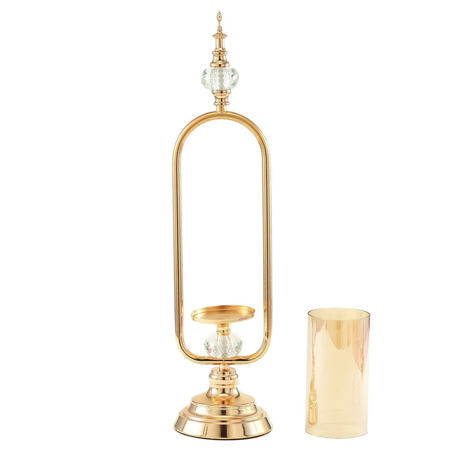 22" Tall Metal With Glass And Crystal Candle Holder Centerpiece - Gold 5 22" Tall Metal With Glass And Crystal Candle Holder Centerpiece - Gold - Image 3