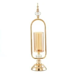 22" Tall Metal With Glass And Crystal Candle Holder Centerpiece - Gold