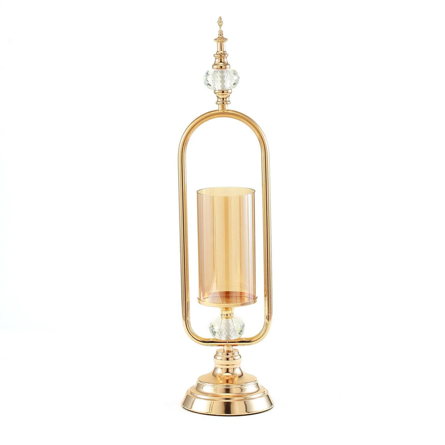 22" Tall Metal With Glass And Crystal Candle Holder Centerpiece - Gold 3 22" Tall Metal With Glass And Crystal Candle Holder Centerpiece - Gold