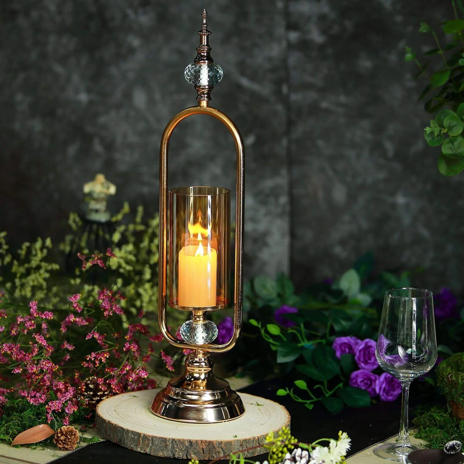 22" Tall Metal With Glass And Crystal Candle Holder Centerpiece - Gold 8 22" Tall Metal With Glass And Crystal Candle Holder Centerpiece - Gold - Image 6