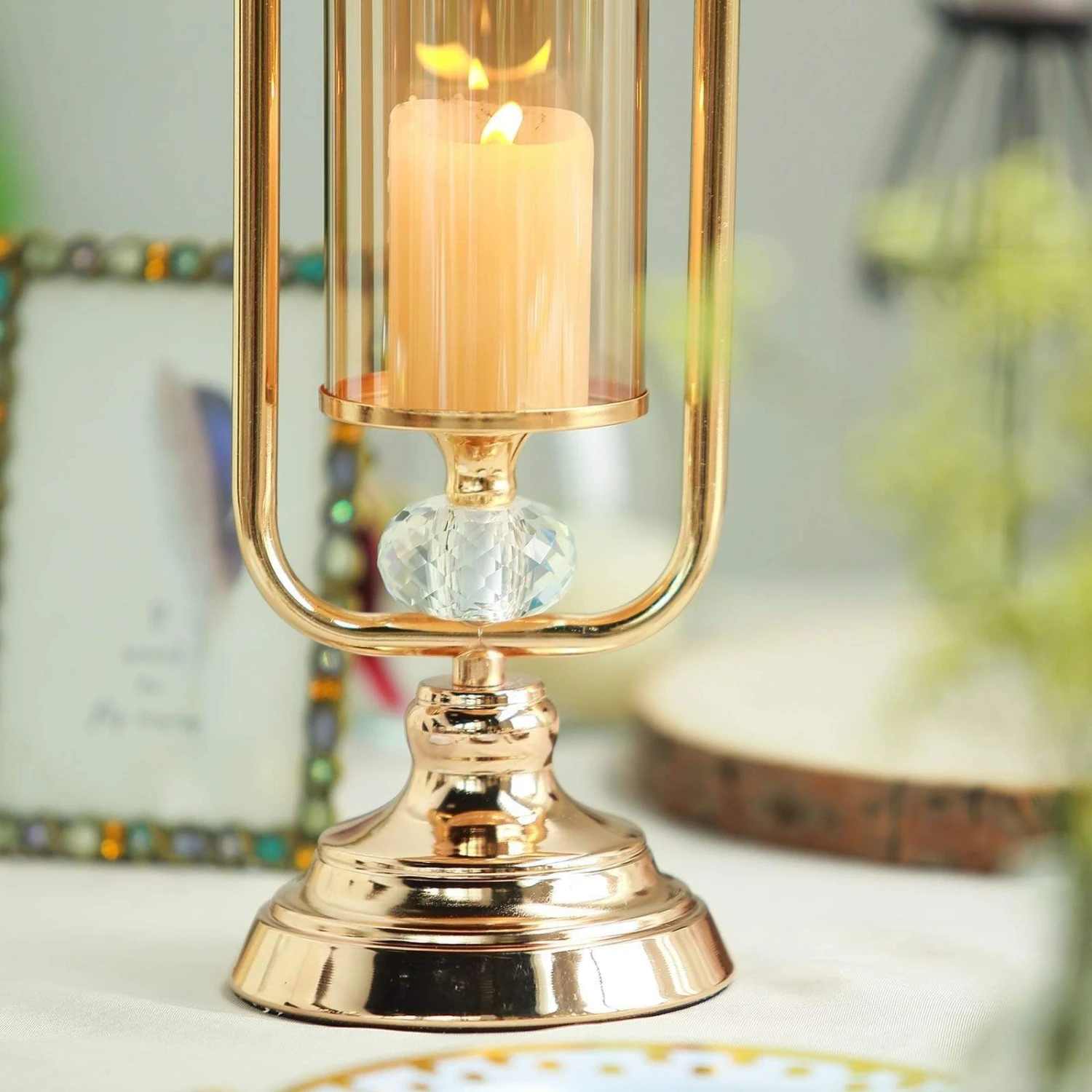 22" Tall Metal With Glass And Crystal Candle Holder Centerpiece - Gold 6 22" Tall Metal With Glass And Crystal Candle Holder Centerpiece - Gold - Image 4