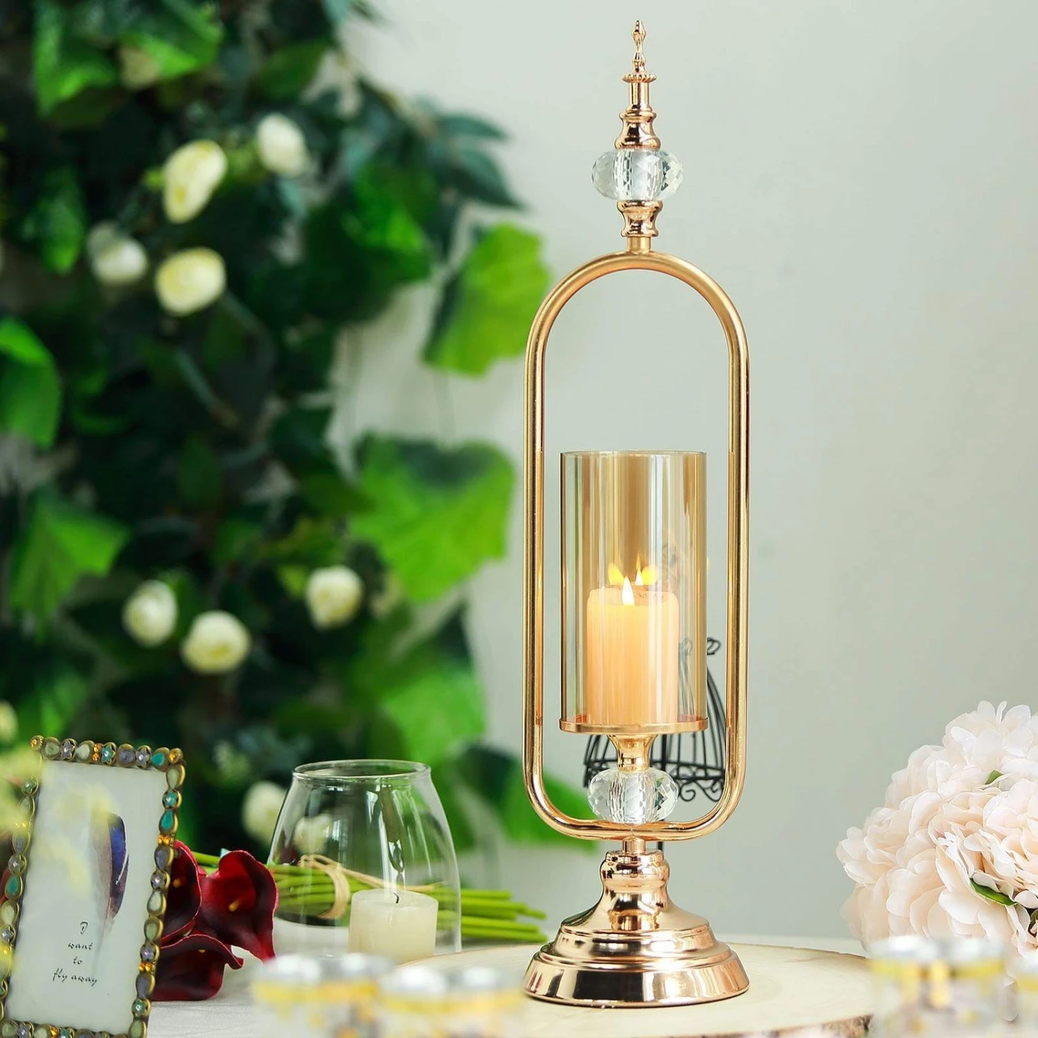 22" Tall Metal With Glass And Crystal Candle Holder Centerpiece - Gold 7 22" Tall Metal With Glass And Crystal Candle Holder Centerpiece - Gold - Image 5