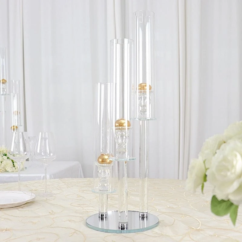 23" Tall 3 Arm Crystal Glass Round Candelabra Taper Candle Holder - Clear 7 23" Tall 3 Arm Crystal Glass Round Candelabra Taper Candle Holder - Clear - Image 5