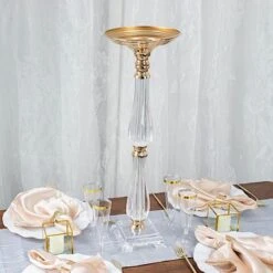 Metal With Acrylic Crystal Pillar Candle Holders Flower Pedestal Stand - Gold And Clear -Optimal Home Decoration 24 acrylic crystal pillar candle stand clear and gold 30752203014207
