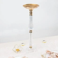 Metal With Acrylic Crystal Pillar Candle Holders Flower Pedestal Stand - Gold And Clear -Optimal Home Decoration 24 acrylic crystal pillar candle stand clear and gold 30752203046975