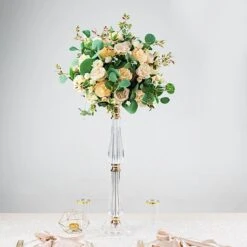 Metal With Acrylic Crystal Pillar Candle Holders Flower Pedestal Stand - Gold And Clear -Optimal Home Decoration 24 acrylic crystal pillar candle stand clear and gold 30752203145279