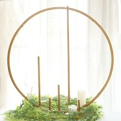 24" Round Metal Floral Hoop With Pillars Standing Wreath Table Centerpiece - Gold 15 24" Round Metal Floral Hoop With Pillars Standing Wreath Table Centerpiece - Gold -Optimal Home Decoration 24 round metal floral hoop with pillars standing wreath table centerpiece gold wod hopmet9 24 gold 30486781067327