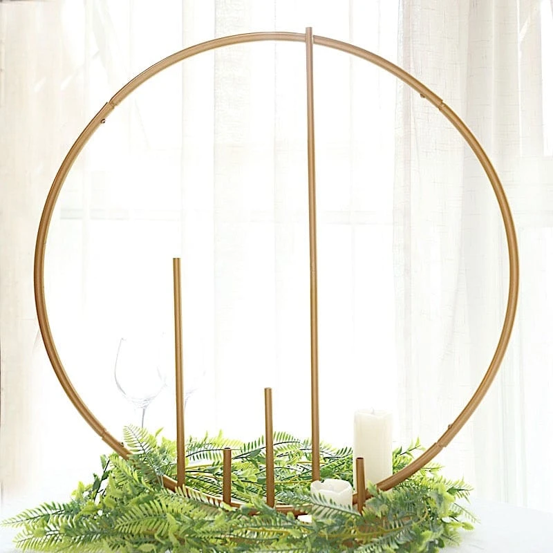 24" Round Metal Floral Hoop With Pillars Standing Wreath Table Centerpiece - Gold 7 24" Round Metal Floral Hoop With Pillars Standing Wreath Table Centerpiece - Gold - Image 5