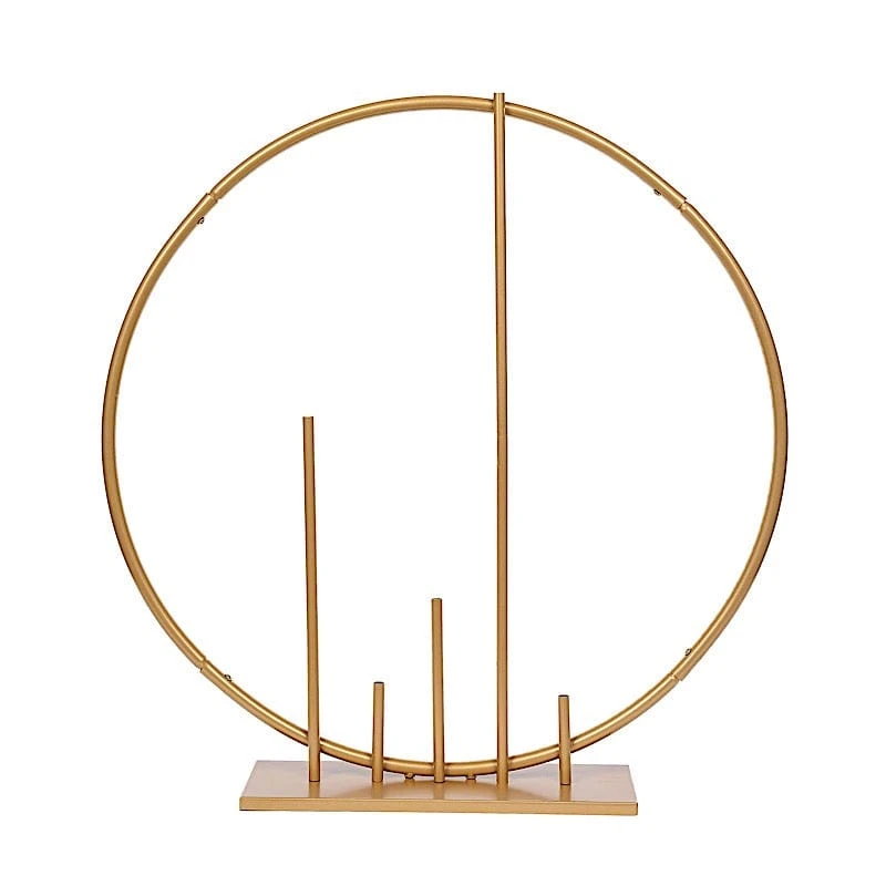 24" Round Metal Floral Hoop With Pillars Standing Wreath Table Centerpiece - Gold 3 24" Round Metal Floral Hoop With Pillars Standing Wreath Table Centerpiece - Gold
