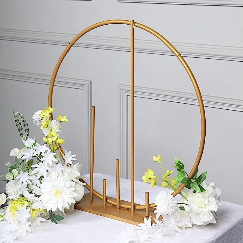 24" Round Metal Floral Hoop With Pillars Standing Wreath Table Centerpiece - Gold 11 24" Round Metal Floral Hoop With Pillars Standing Wreath Table Centerpiece - Gold - Image 9