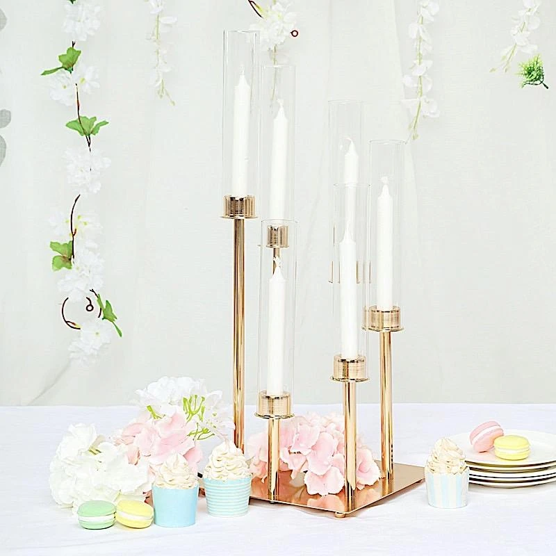 24" Tall Candelabra Candle Holder Centerpiece With Glass 5 24" Tall Candelabra Candle Holder Centerpiece With Glass - Image 3