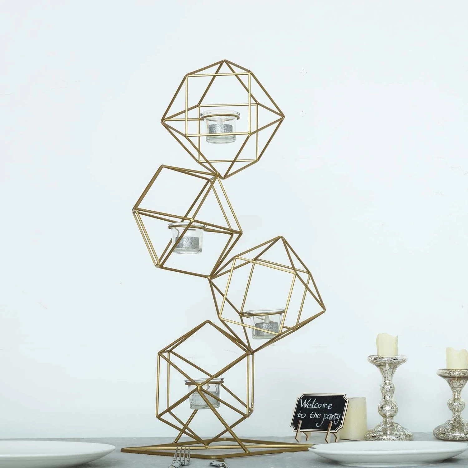 25.5" Tall Jointed Geometric Stand With Glass Votive Candle Holders 8 25.5" Tall Jointed Geometric Stand With Glass Votive Candle Holders - Image 6