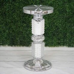 26" Tall Wedding Column Riser With Pearls And Mirror Mosaic - Silver And White