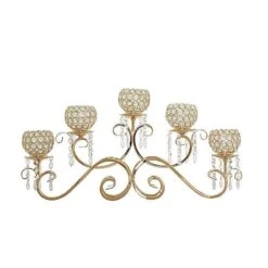 27" Wide Horizontal Candle Holder With Crystal Beads - Gold