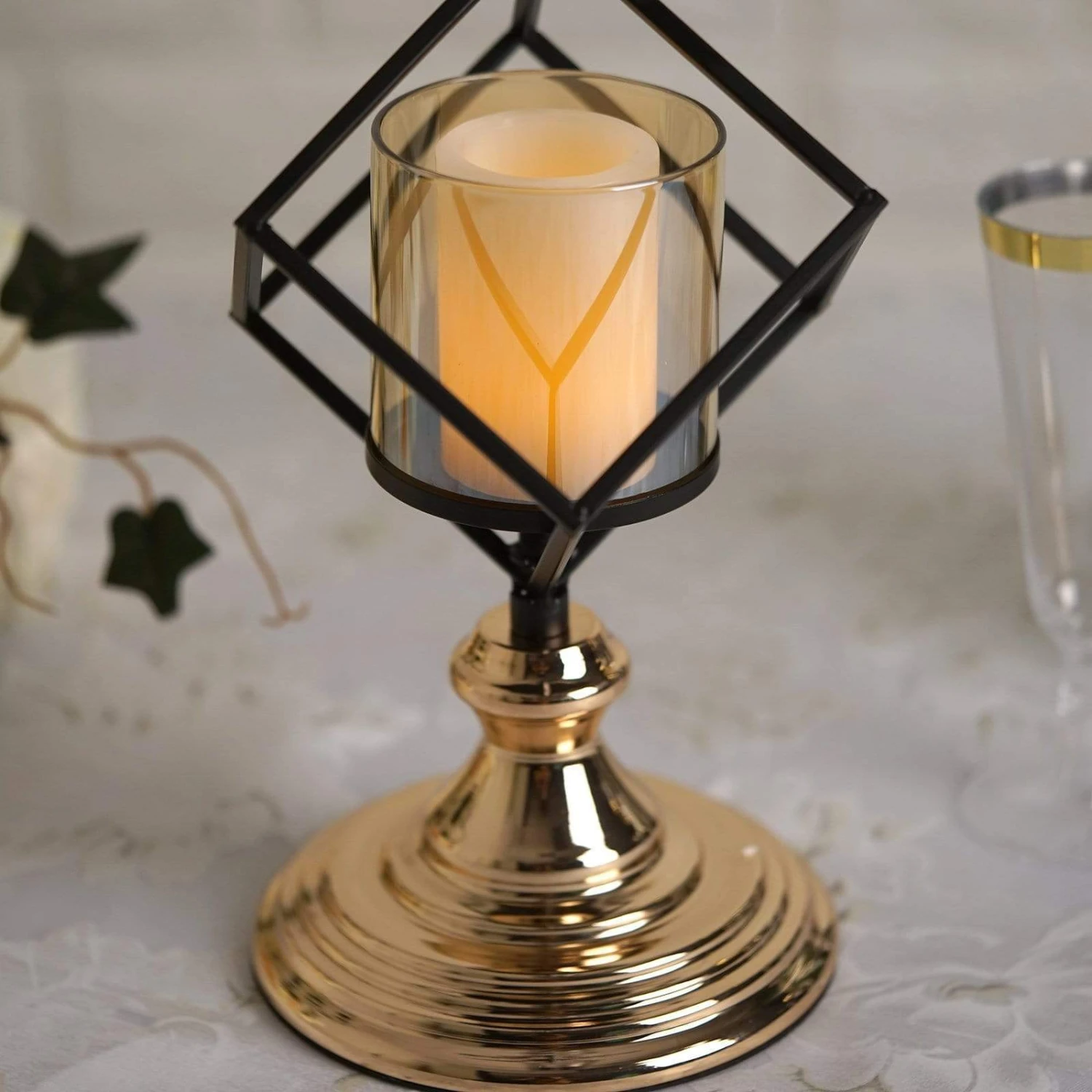 28" Tall Geometric Cube Stand With Glass Votive Candle Holders - Gold And Black 6 28" Tall Geometric Cube Stand With Glass Votive Candle Holders - Gold And Black - Image 4