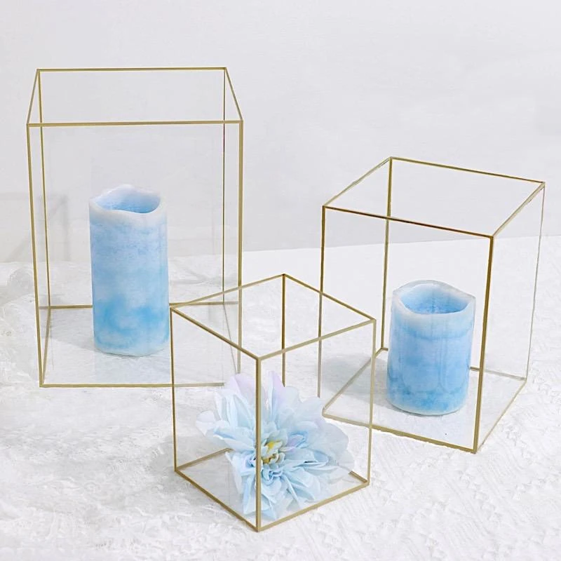 3 Acrylic With Metal Frame Pillar Candle Holders - Clear And Gold 5 3 Acrylic With Metal Frame Pillar Candle Holders - Clear And Gold - Image 3