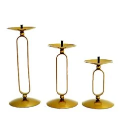 3 Geometric Oval Metal Pillar Candle Holders - Gold
