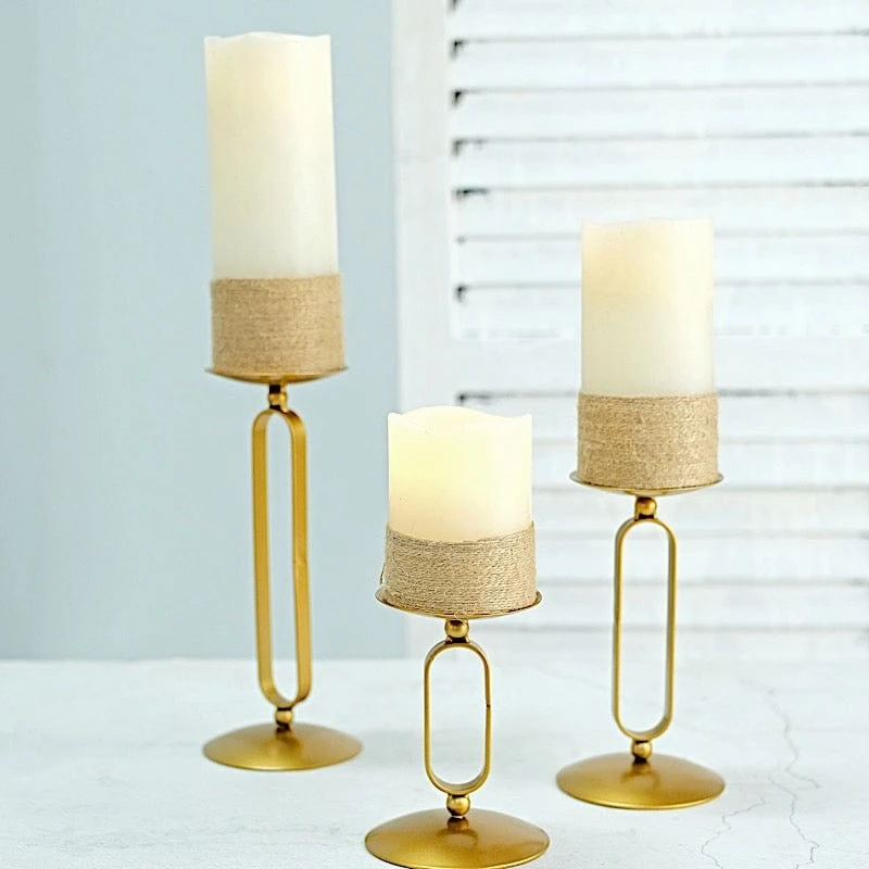 3 Geometric Oval Metal Pillar Candle Holders - Gold 9 3 Geometric Oval Metal Pillar Candle Holders - Gold - Image 7