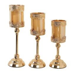 3 Lace Design Metal With Glass Votive Candle Holders Centerpieces - Antique Gold