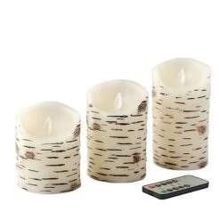 3 LED Candles Battery Operated Birch Bark Design Pillar Lights - Warm White