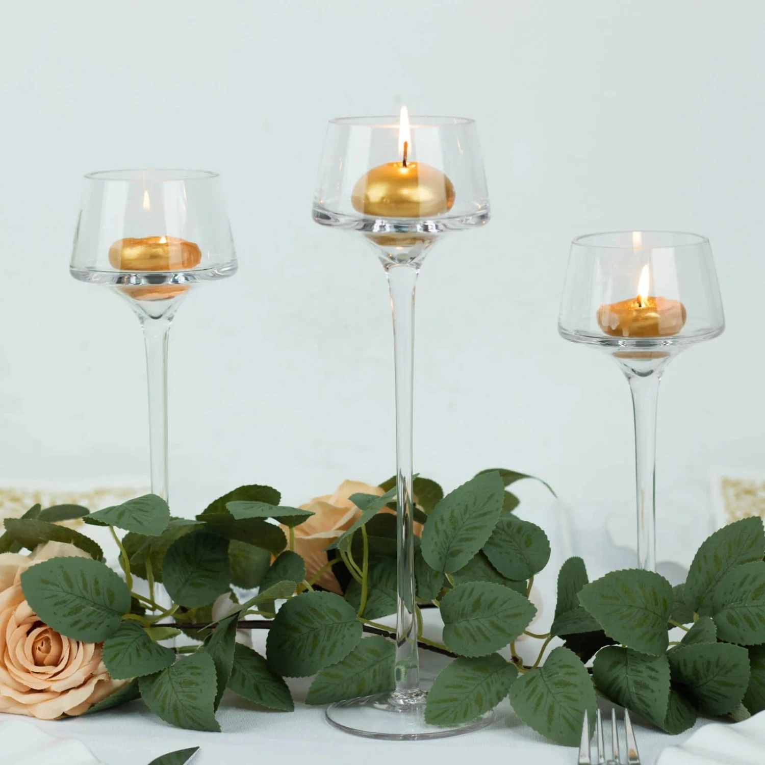 3 Long Stem Crystal Glass Candle Holders Vases Centerpieces - Clear 5 3 Long Stem Crystal Glass Candle Holders Vases Centerpieces - Clear - Image 3