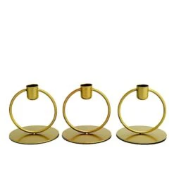 3 Metal Ring Taper Candle Holders With Round Base - Gold