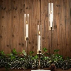 3 Metal Hurricane Taper Candle Holders With Clear Cylinder Glass Shades -Optimal Home Decoration 3 metal with glass taper candlestick holders centerpieces 30747121549375