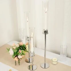 3 Metal Hurricane Taper Candle Holders With Clear Cylinder Glass Shades -Optimal Home Decoration 3 metal with glass taper candlestick holders centerpieces 30747121614911