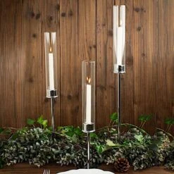 3 Metal Hurricane Taper Candle Holders With Clear Cylinder Glass Shades -Optimal Home Decoration 3 metal with glass taper candlestick holders centerpieces 30747121647679