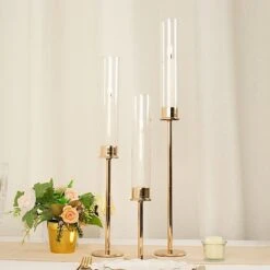 3 Metal Hurricane Taper Candle Holders With Clear Cylinder Glass Shades -Optimal Home Decoration 3 metal with glass taper candlestick holders centerpieces 30747121713215