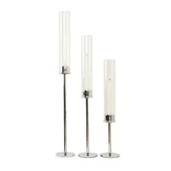 3 Metal Hurricane Taper Candle Holders With Clear Cylinder Glass Shades -Optimal Home Decoration 3 metal with glass taper candlestick holders centerpieces chdlr cand 041 set silv 30747121090623
