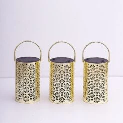3 Metallic 3" X 5" Plastic LED Lantern Lamps With Flower Design - Gold